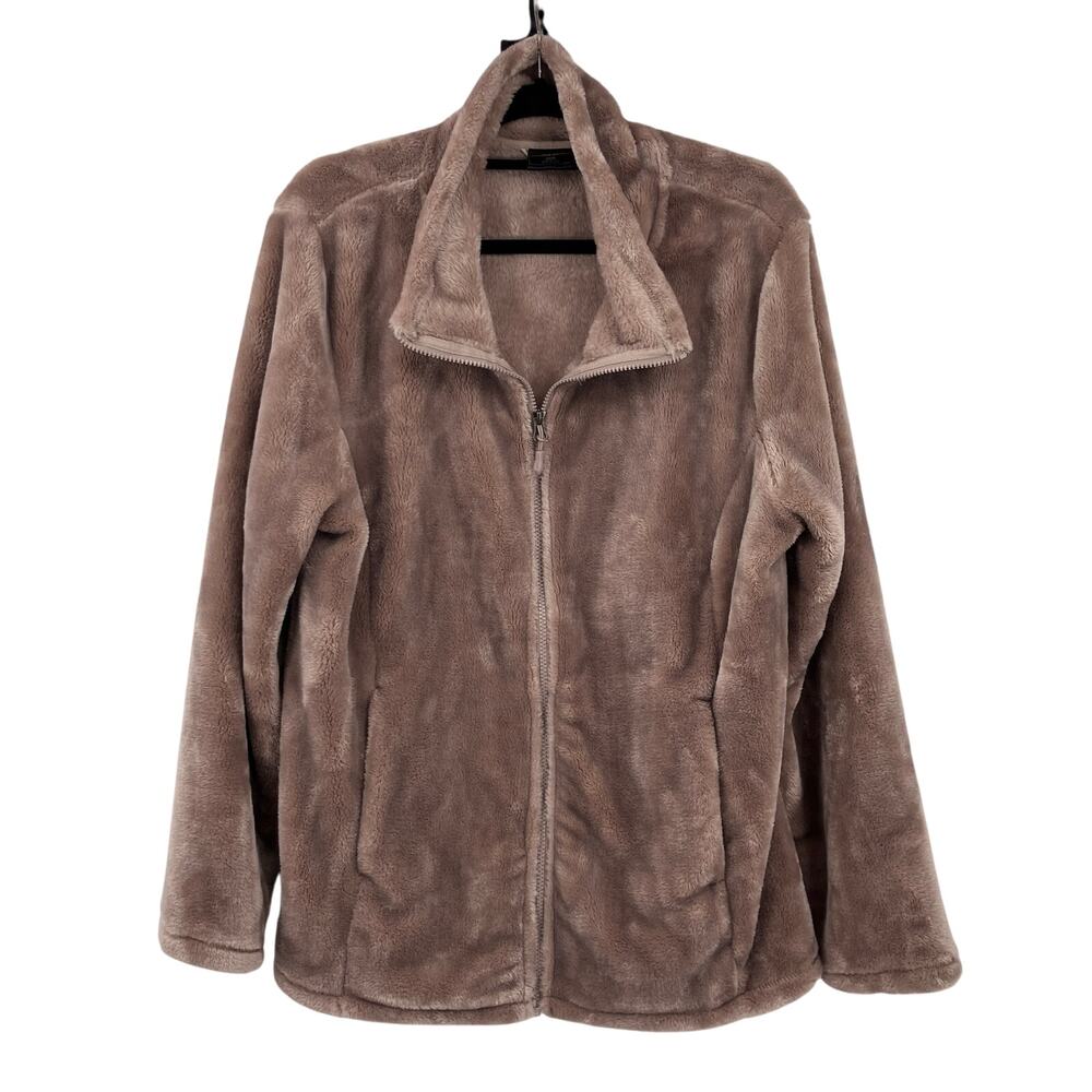 32 Degree Heat Taupe Brown Tan Faux Fur Zip Pockets Teddy Bear Fleece Jacket